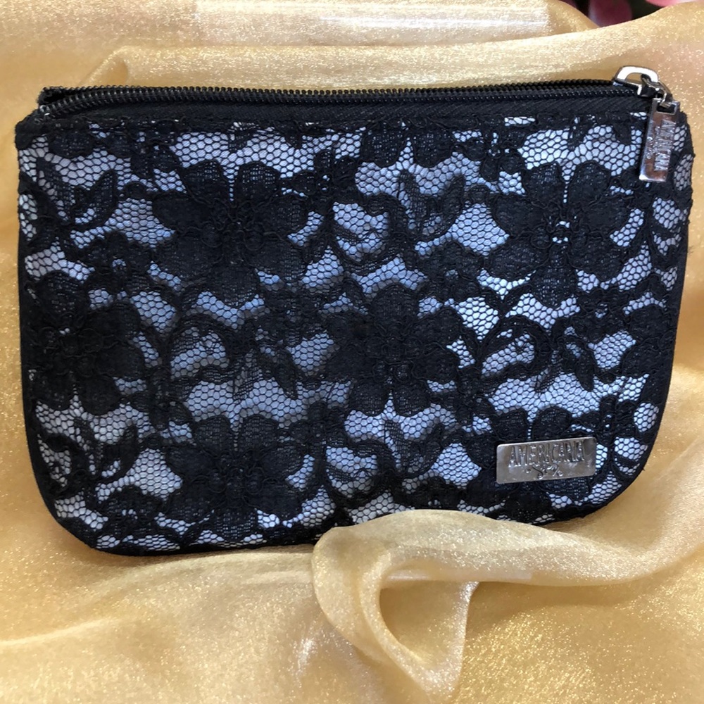 Americana by Sharif Black Lacey Overlay Accessory or Cosmetic Bag ~Size 5”X7”